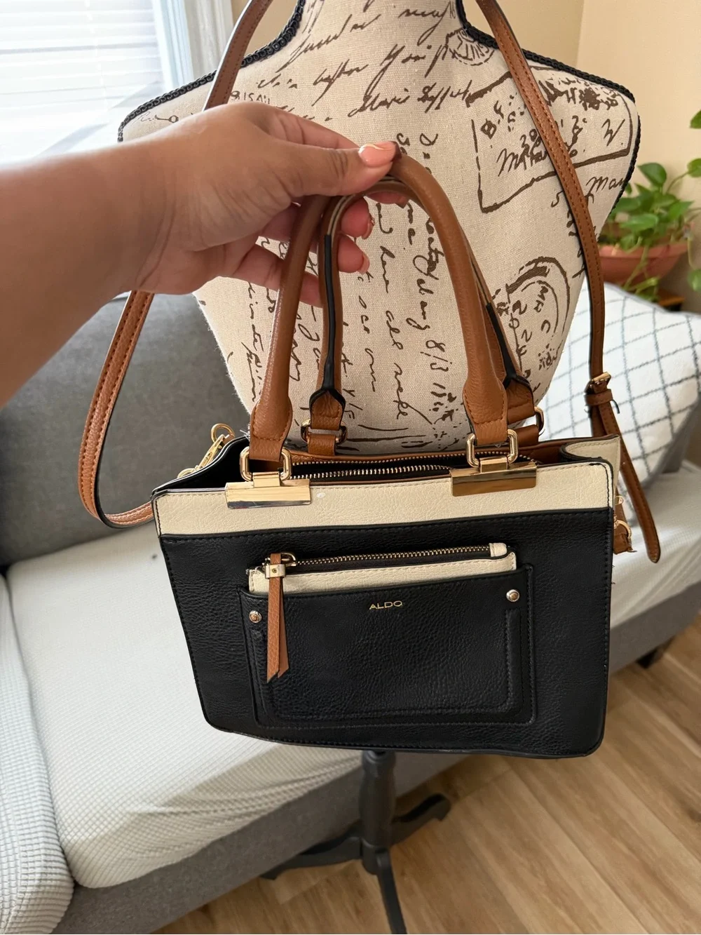 ALDO Black, Cream & Brown Colorblock Structured Satchel